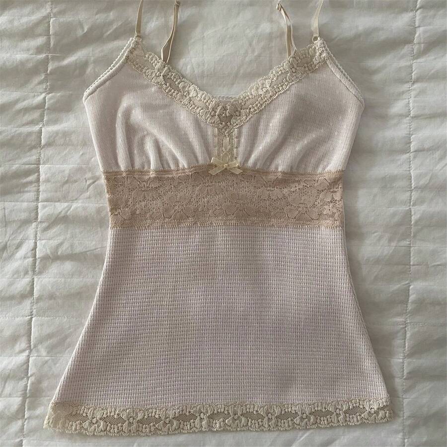 Awevudst Women Y2k Fairy Grunge Tank Tops Vintage Aesthetic Lace Trim Cami Shirt Slim Fit Knit Ribbed Coquette Clothes - Hồng - Xem 1