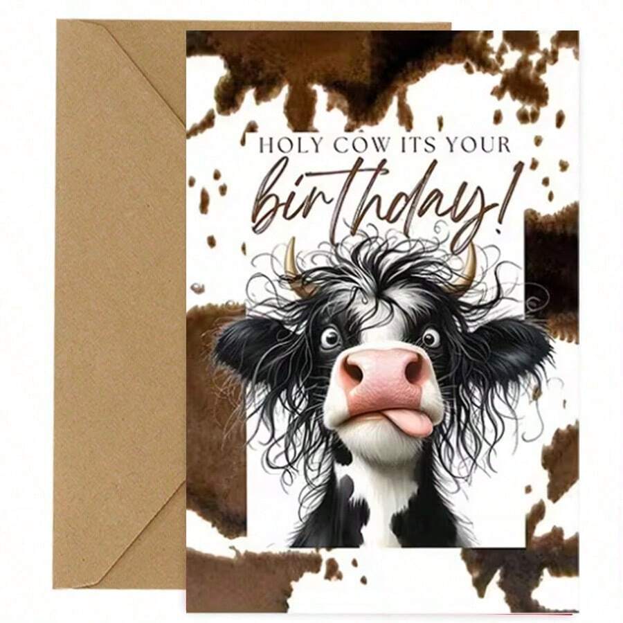 1 buah Kartu Ucapan Ulang Tahun Sapi Lucu dengan Amplop - 11,99cm X 18,01cm Kartu Kertas Berkualitas Tinggi, Desain Sapi Lucu dengan Teks "Selamat Ulang Tahun", Cocok untuk Keluarga dan Teman - Set - View 1