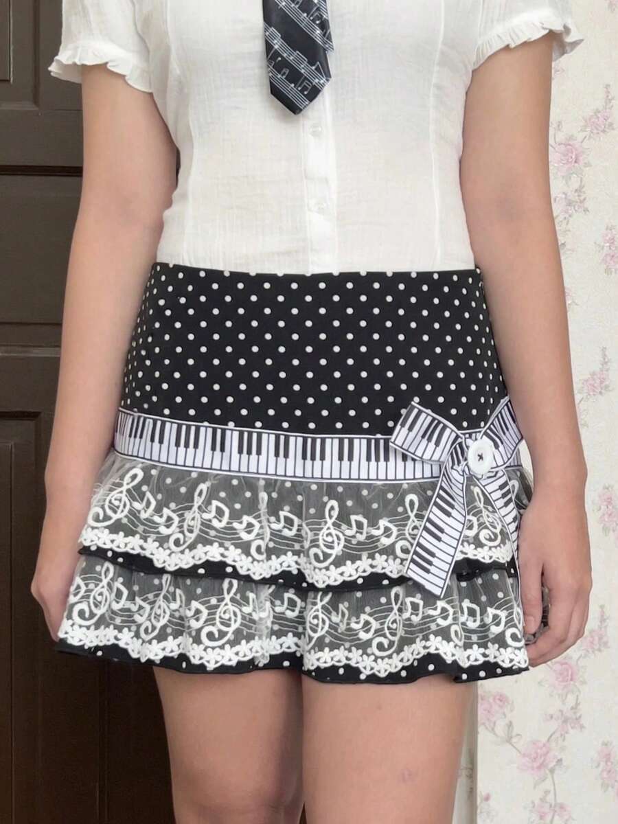 Women Piano Mini Skirts Y2k Harajuku Dark Coquette Aesthetic Grunge Black White Spliced Short Skirt - 黑與白 - 查看 1
