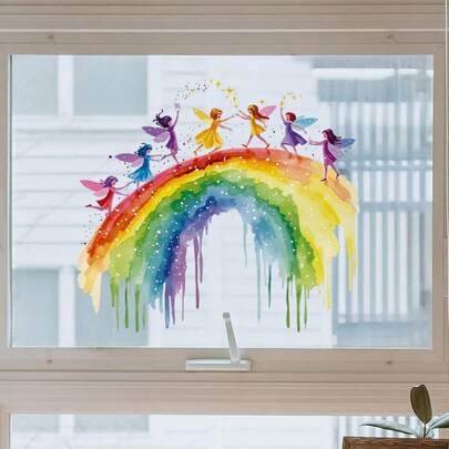 1pc Whimsical Fairy And Rainbow Window Sticker - Waterproof, Removable PVC Decal With Vibrant Sprinkling Effect, Ideal For Room, Kitchen, Or Dining Area, Room Decoration | Playful Design | Easy Installation Sticker, Rainbow Decor