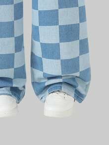 Tween GirlsCheckered Print Loose Straight Leg Jeans, Casual Pants, Spring/Summer - Blue - View 6