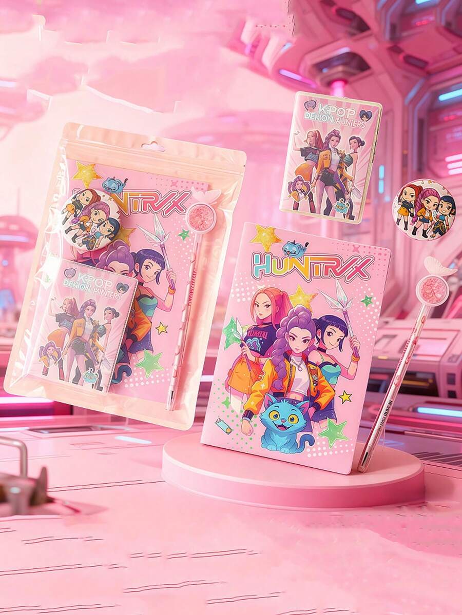1 Set de artículos de papelería con temática de grupo de chicas coreano, incluyendo cuaderno y artículos de papelería creativos para estudiantes, pequeño regalo para el campus - Multicolor - Ver 1
