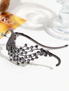 1pc Women's Fashion Elegant Peacock Crystal Alloy Tassel Faux Pearl Hair Clip, Suitable For Everyday Wear - Dark Grey - View 2