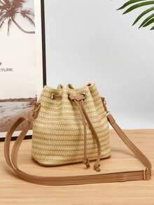 1 chiếc túi đeo chéo bằng rơm kiểu dáng mới mùa xuân/hè, túi đeo vai mini thời trang có dây rút, thích hợp cho đi biển, đi làm, mua sắm. - Màu Khaki - Xem 5