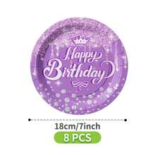 紫色水晶皇冠生日快乐一次性餐盘、餐巾纸、杯子套装，包含餐盘、餐巾纸和杯子，适合8位客人使用，一次性纸盘，派对餐具，适用于生日、婚礼、主题派对、家庭野餐等场合。 - 彩色 - 查看 10