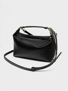Women's Bowling Ball Shaped Handbag, Fashionable Shoulder Bag With Adjustable Strap, Canvas & PU Leather Small Square Crossbody Bag - Black - View 8