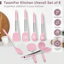 Juego 8 utensilios cocina silicona mango acero inoxidable para antiadherentes freír drenaje resistente calor apto lavaplatos - Rosado - Ver 5