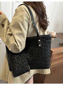 Bolso de mano grande con estampado de letras, bolso de hombro a cuadros para mujer, estilo para ir al trabajo - Negro - Ver 4