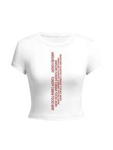 女士圆领短袖T恤，美式辣妹风格，夏季新款字母印花，时尚百搭修身露脐上衣 - 白色 - 查看 3