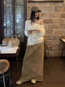 夏季米色做旧镂空针织上衣 - 优雅纯正的Yurty性感休闲街头Y2K长袖露肩毛边宽松束腰女式针织上衣和女式衬衫 | 适合年轻女士、女士、甜美女孩、Y2K女孩和性感女孩，完美适用于情人节/妇女节/母亲节/休闲聚会/海滩度假/派对聚会/返校季/婚礼季/音乐节/2026做旧针织上衣 - 杏色 - 查看 6