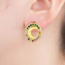 High Quality Gold Plated Shiny Crystal Zirconia Oval Shape Moon Stud Earrings For Women Hollow Design Fashion Versatile Ear Jewelry - White - View 5