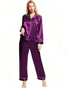 Valentine's Day Limited High-End Fashion Satin Silk Women's Pajama Set Long Sleeve Button-Down Sleepwear XS-3XL Comfortable Warm Loungewear - 紫色 - 查看 9