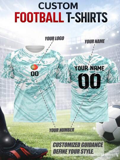 Camiseta de fútbol personalizable para hombres de talla grande - Diseño de Portugal, tela transpirable y de secado rápido, adecuada para partidos de equipo, entrenamiento, deportes, uso casual, animación, regalos. De moda para la temporada de fútbol de primavera/verano