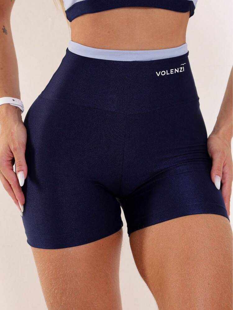 Shorts Fitness Duo Canelado Cintura Alta Compressão Conforto Academia - Azul Marinho - Visão 2
