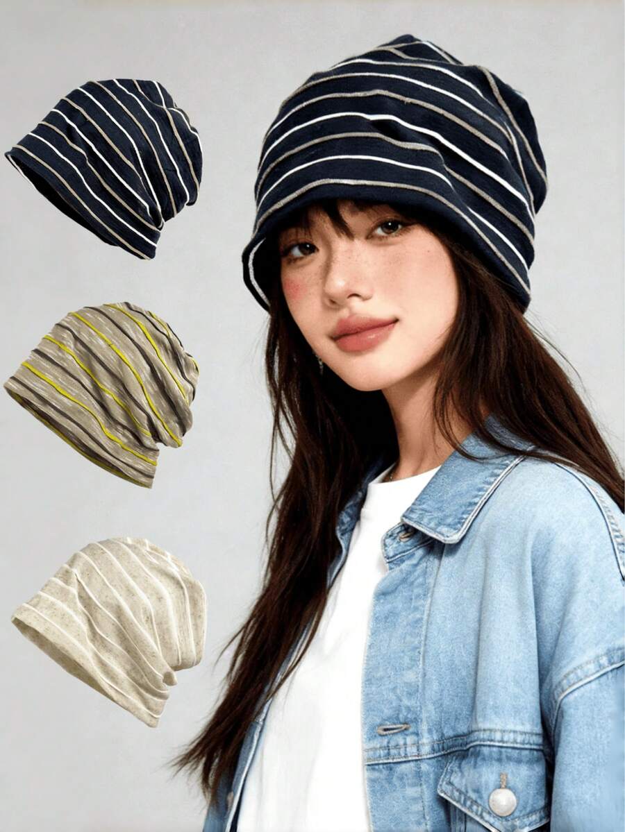 1PC Striped Slouchy Beanie Hat, Casual Minimalist Style, Lightweight Breathable Design, Multiple Color Options, One Size Fits Most Women & Teens, Ideal For Daily Wear, Streetwear, Travel & Commute, All-Season Fashion Headwear - A - View 1