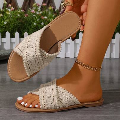 Fashion Crochet Sandals For Women, Square Toe Open Toe Slip-On Flat Shoes, Summer Vacation Slippers Women's Crochet Lace Slide Sandals, Comfortable Lightweight Flat Slippers With Pom-Pom Trim Beige Crochet Flat Slides For Women, Square Toe Slip-On Sandals, Casual Summer Beach Shoes