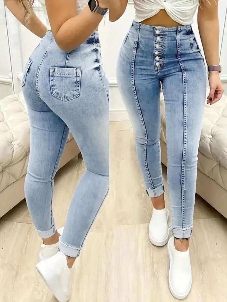 Woman High Waist Light Wash Skinny Jeans – Stretch Fit Butt-Lifting Button-Up Denim Pants - Blue - View 1