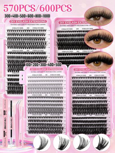 600/570/140 Cluster Eyelash 6-In-1 DIY Eyelash Extension Kit - Includes False Lashes, Glue, Makeup Remover, Tweezers And Brush, Easy For Professional And Beginner, Convenient For Home Use. Eyelash Extension Starter Kit: Includes False Lashes, Glue, Makeup Remover And Tools, Allowing You To Easily Create Professional Lash Effects At Home.
