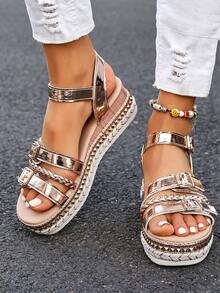 Sandalias de tacón alto con suela de cuerda para mujer, tacón de cuña, punta abierta, lazo, zapatos de plataforma con tacón grueso, adecuados para verano y primavera - Oro rosa - Ver 3