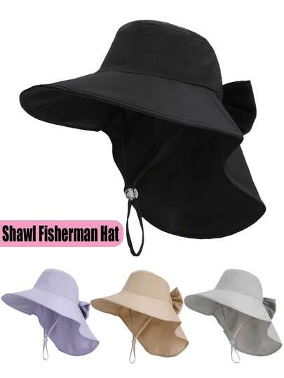 1顶春夏大檐披肩式护颈渔夫帽，女士户外马尾辫孔遮阳帽，夏季大檐户外蝴蝶结披肩式护颈遮阳帽，骑行速干防溅水遮阳帽