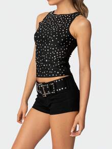 Women Y2K Rivet Belt Denim Shorts Casual Solid Color Low Waist Wide Studded Belt Micro Shorts Vintage 2000s Gothic Punk Mini Bottom Summer Going Out Party Clubwear Shorts - 黑色 - 查看 3