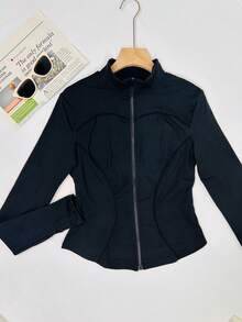 Plain Minimalist Stand Collar Zip-Up Casual Slim Fit Women Sports Yoga Jacket - Black - View 1