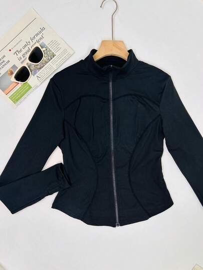 Plain Minimalist Stand Collar Zip-Up Casual Slim Fit Women Sports Yoga Jacket
