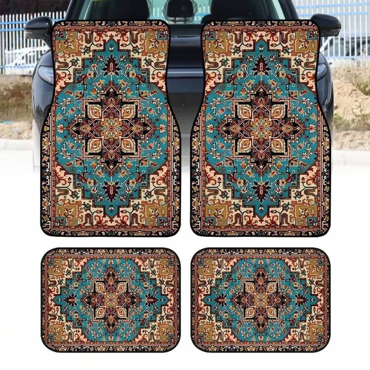 4pcs Bohemian Style Car Floor Mats Set - Durable And Easy To Clean Polyester Material, Suitable For All Car Models - Fashionable And Minimalist Interior Accessories, Suitable For Both Men And Women - Perfect Gift Choice For Halloween, Thanksgiving, Christmas And Birthday - Multicolor - View 3