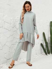 VFJ Women's Casual Crew Neck High-Waisted Burkini Three Pieces Set, Full-Coverage Hooded Swimwear. - Grey - View 5