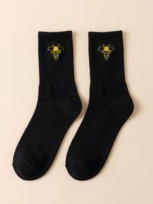 1/2 Pair Women Black Bee Ribbed Breathable Moisture-Wicking Casual Mid-Calf Socks, Suitable For Commuting And Home Wear - Multicolor - View 3