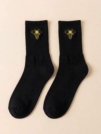 1/2 Pair Women Black Bee Ribbed Breathable Moisture-Wicking Casual Mid-Calf Socks, Suitable For Commuting And Home Wear