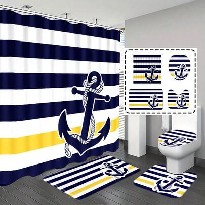 1pc/4pcs Bathroom Curtains Shower Set, Shower Curtain Set, Bathroom Decor, Bathroom Rug, Home Decor, Bath Mat, Striped And Anchor Pattern, Gift, Ocean Theme Decoration, Bathroom Set, Comes With 12 Hooks