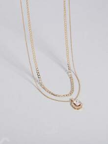 Nooxian 2件套多层镀金时尚设计微镶嵌立方氧化锆吊坠铜珠链项链套装，女士珠宝 - 金黃色 - 查看 2