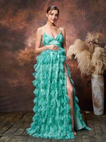 Faeriesty Elegante vestido de fiesta largo con tirantes finos para embarazadas, con detalles fruncidos en el pecho para una dimensión femenina, bajo con volantes y abertura, con múltiples capas de volantes, ideal para bodas de primavera, celebraciones del Día de la Madre y eventos de baby shower - Verde - Ver 7