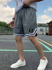 1件青少年男孩運動透氣拼接色戶外健身網球健身房籃球網布印花短褲 春夏秋返校季 - 灰色 - 查看 3