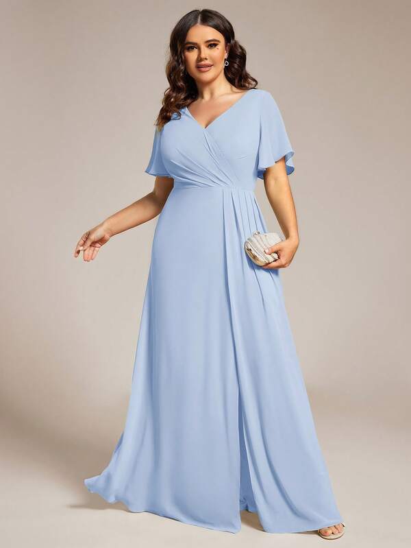 Plus Size Women's Solid Color Butterfly Sleeve V-Neck Pleated Light Blue Bridesmaid Dress, Spring/Summer Wedding Guest Dress