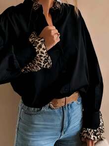 1pc Leopard Print & Solid Polyester Button Front Splice Collar Blouse, Suitable For Daily Wear And Festivals, Spring, Summer, Autumn Black - Black - View 2