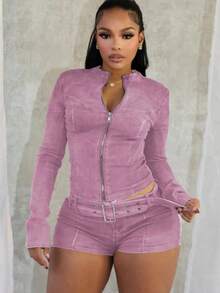 Lady's Two-Piece Set, New Denim Short Set, Long Sleeves, Stretch Shorts, Belt - Pink - View 1