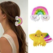 1个可爱彩虹星星发爪夹，萌萌的半扎马尾夹，卡通发饰，夏季沙滩发夹 - 彩色 - 查看 6