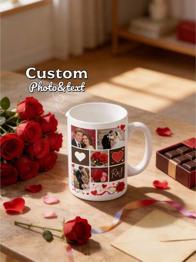 1Pc Custom Photo & Initials Mug – Personalized Design Coffee Cup, Romantic & Sweet Valentine's Day Gift For Couples, Anniversary Keepsake, Daily Love Memory Mug For Him & Her