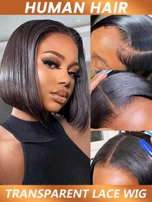 13*4 透明蕾丝前假发，预先拔毛的波波头直发短款真人发假发，适合女性，150% 密度 - Natural Black - 查看 2