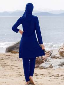 Bộ đồ bơi kín đáo 3 món gồm áo dài tay, quần dài và mũ trùm đầu, kiểu Trung Đông, đồ bơi kín đáo toàn thân cho nữ mùa hè đi biển. - Xanh đậm - Xem 2