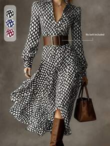 Women's Elegant Dress, Vintage Floral Print Waist Shirt Midi Dress, French Retro Long Skirt Design, Suitable For Music Festival, Work Commute And Dates, Belt Not Included - Black - View 1