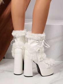 FVPFVP Millennium Culture Snow Boots, PU Leather & Fur Lace-Up Chunky Heel Mid-Calf Boots, Gothic Thick Sole Tall Boots, Similar To Kendall Style - White - View 5