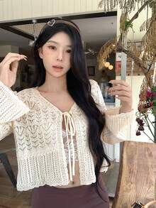Korean Design Hollow Lace-Up Knit Cardigan With Flare Sleeves, Cropped Top - Apricot - View 3