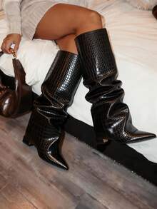 Shark Boots Women's Knee High Boots Fold Over Boots Slouchy Chunky High Heels Shoes Wide Calf Pointed Toe Shoes - 黑色石頭紋 - 查看 9