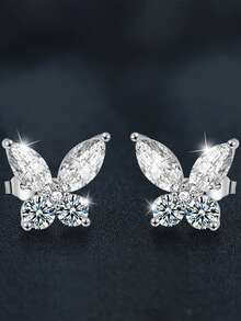 BLOVEMEE 2只装高端时尚925纯银莫桑石蝴蝶耳环，3*6毫米圆形，1.65克拉，适合女性日常佩戴、派对、情人节、母亲节、生日、结婚纪念日等场合，亦可作为女士银饰礼物。 - 銀色 - 查看 2