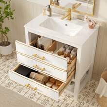 White Bathroom Vanity Unit With Ceramic Sink – Freestanding Bathroom Vanity Unit With 2 Drawers And Open Compartment, High-Quality MDF Board With Lacquered Finish, Gold Handles, Without Tap Or Drain - White - View 4