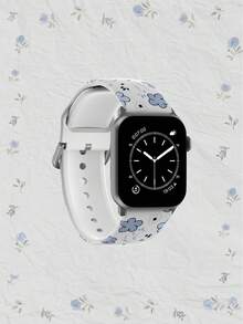 1pc Soft Elastic Breathable Replacement Watch Band With Scattered Blue Flowers On White Background, Suitable Compatible With Samsung, Honor Smartwatches, 38mm 40mm 41mm 42mm 46mm 45mm 44mm 49mm, Fashionable Casual Silicone Watch Strap Compatible With Apple Watch Ultra Series SE/11/10/9/8/7/6/5/4/3/2/1 - Multicolor - View 3