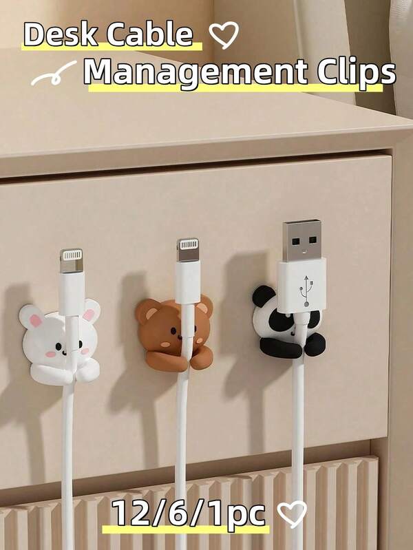 12/6/1pcs Self-Adhesive Desktop Cable Organizer Clips, Suitable For Desk, Bedside, Wall, Car, Dorm And Office, Cute Headphone Cord Holder, No Drilling Cable Management Accessories, Back To School Essential